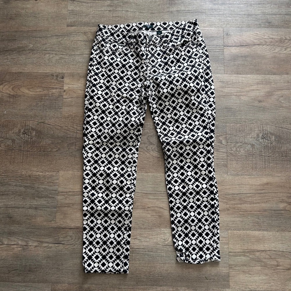J Crew Stretch‎ Black White Geometric Print Cotton Capri Pants Women's Size 29